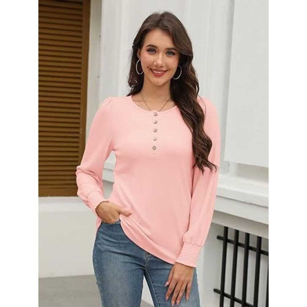 NEW NWT Peachy Pink Sz Small Long Sleeve Soft Stretchy Henley Shirt MINETOM